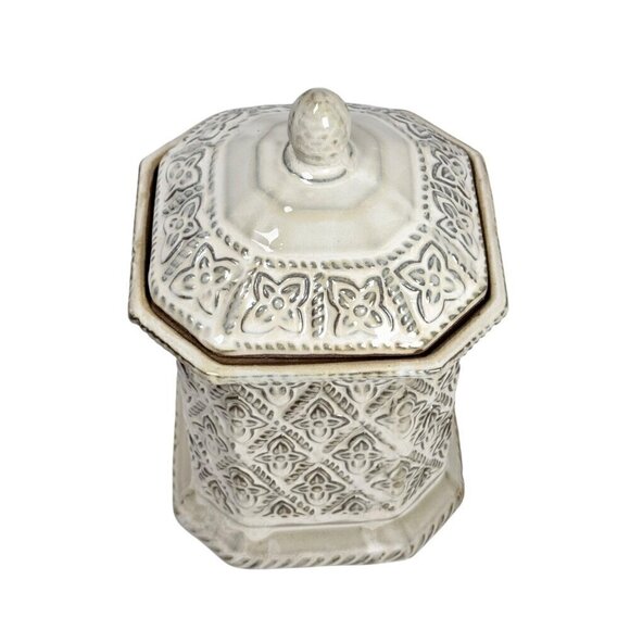 Vintage Ceramic Canister Cookie Jar Cream Kitchen Decor Floral Relief Octagonal - Picture 2 of 9